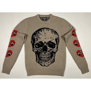 RGSTR Sweater Mens Small Tan Skull Intarsia Broken Heart Sleeve Knit Streetwear
